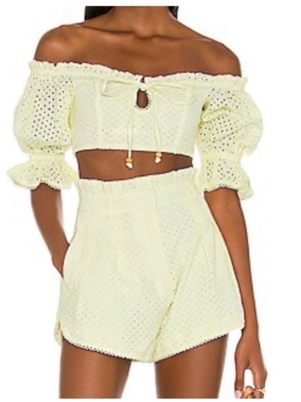 MAJORELLE Pale Yellow Off-Shoulder Eyelet High-Waist Shorts Set